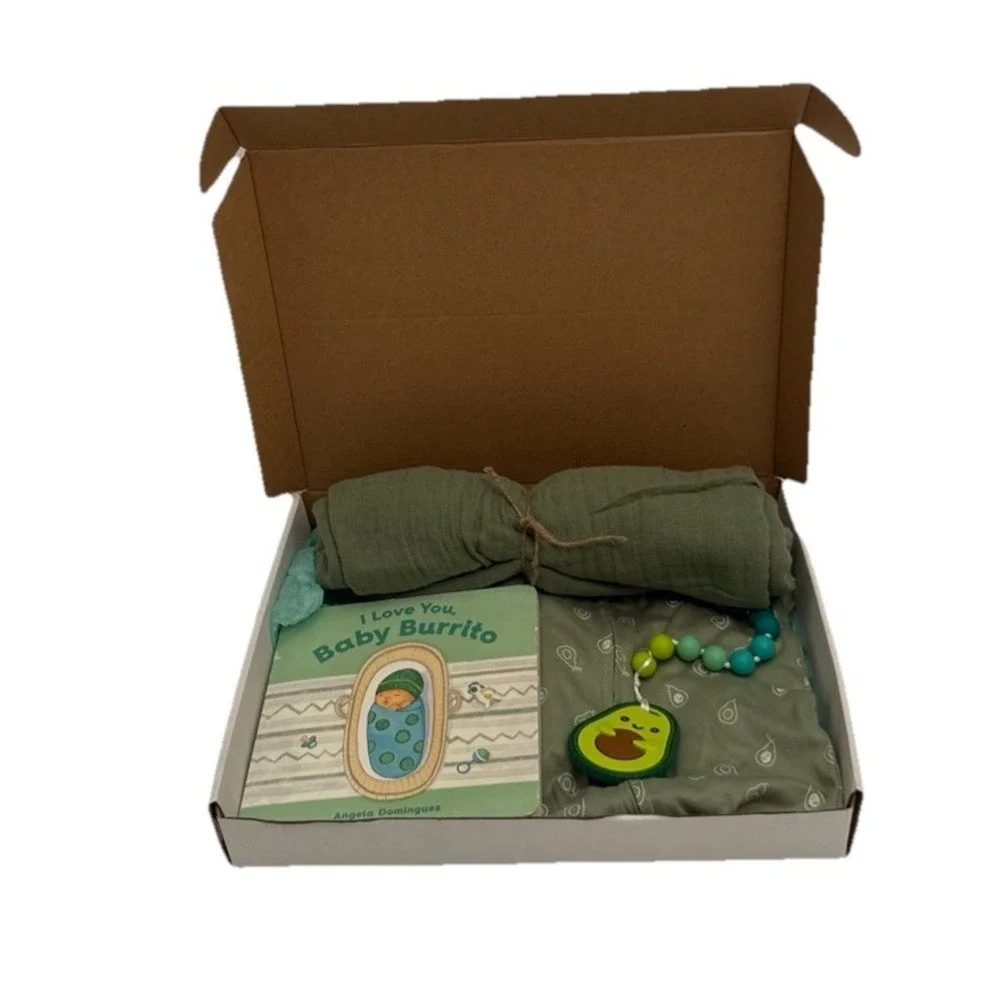 New Unisex Avocado Baby Shower Theme Gift, Avocado PJ's, Book, Teether & Blanket
